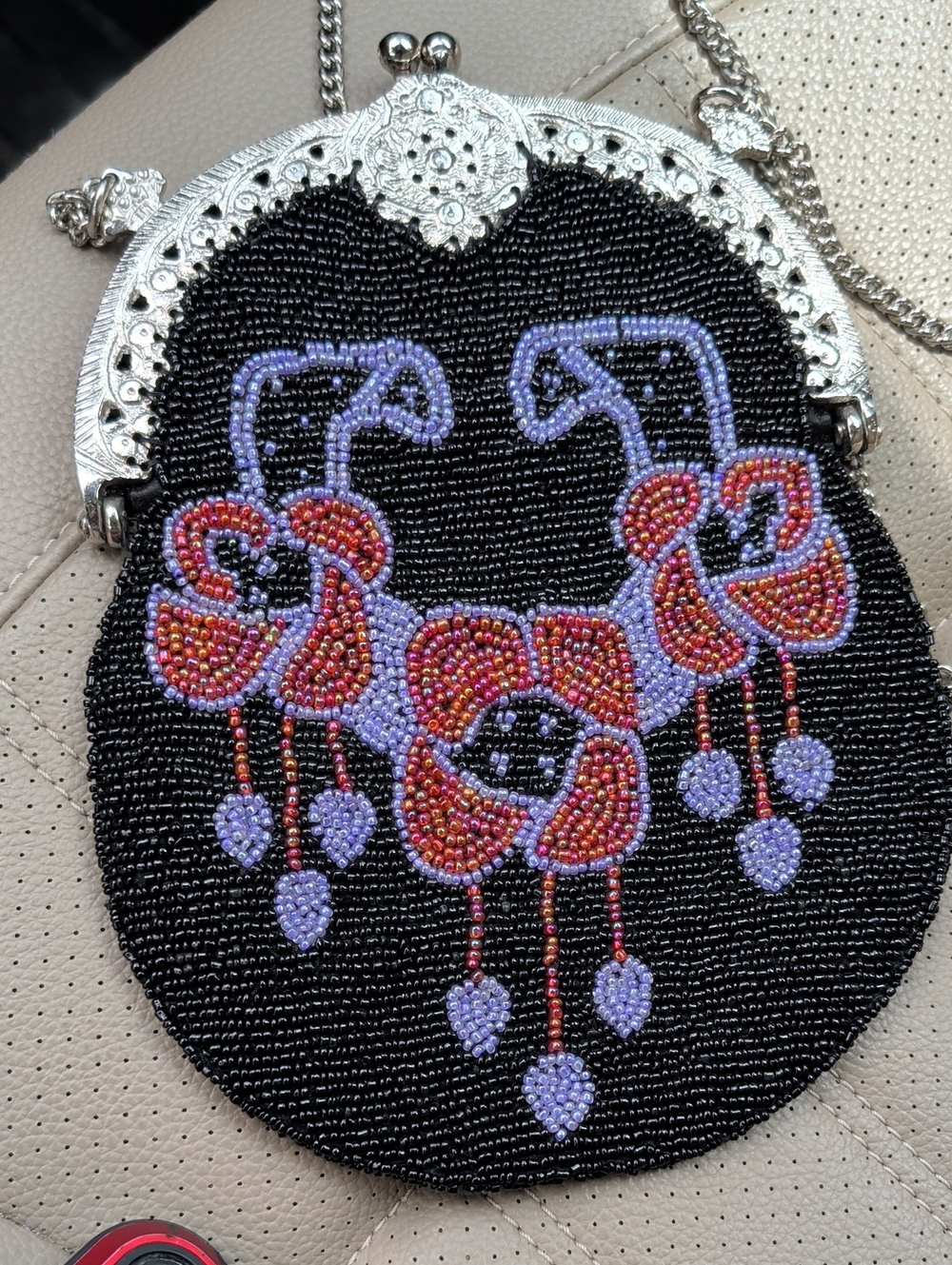 Beaded Floral Evening Bag in Black with Purple and Red Accents